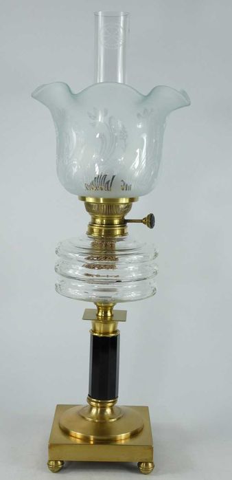 Stołowa lampa naftowa Art Deco mosiądz BRENNER MATADOR kominek KLOSZ