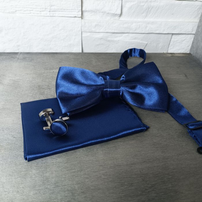 Nowy, męski komplet – mucha + poszetka + spinki do mankietów, granatow