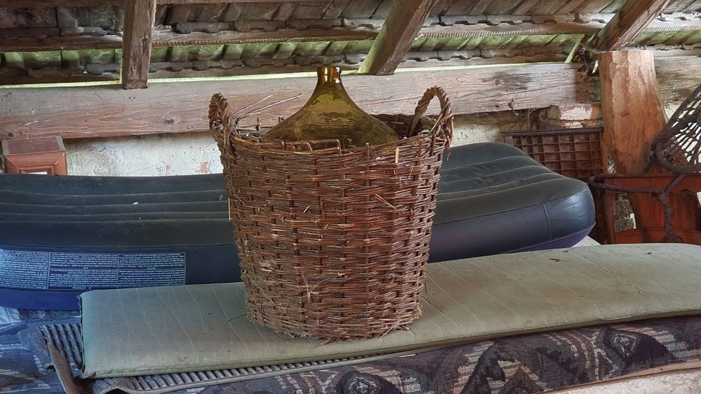 Balon szklany na wino z koszem wiklinowym, gąsior, butla, dymion 55x36