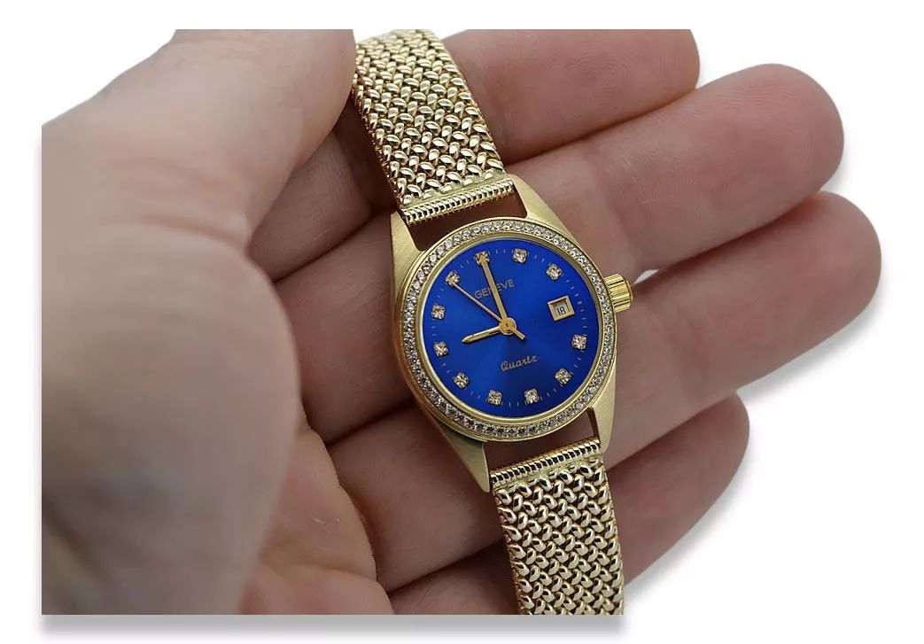 Złoty 14k 585 zegarek damski lw078ydblz&lbw003y niebieska tarcza Wr