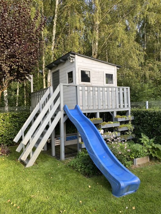 Duży Drewniany Domek ogrodowy dla dzieci ze zjeżdżalnią i piaskownicą