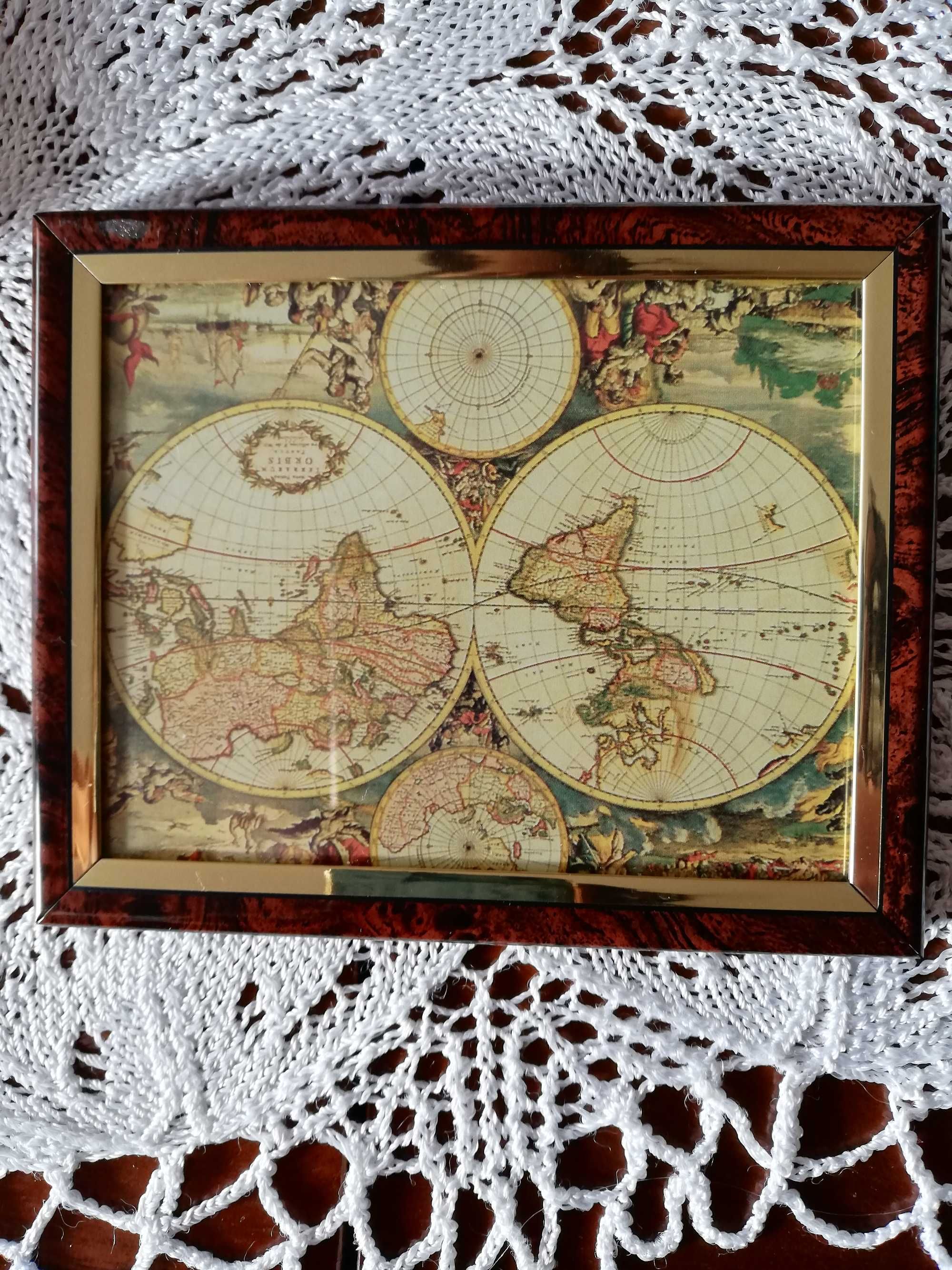 Карта мира старая в бакелитовой рамке под стеклом Германия