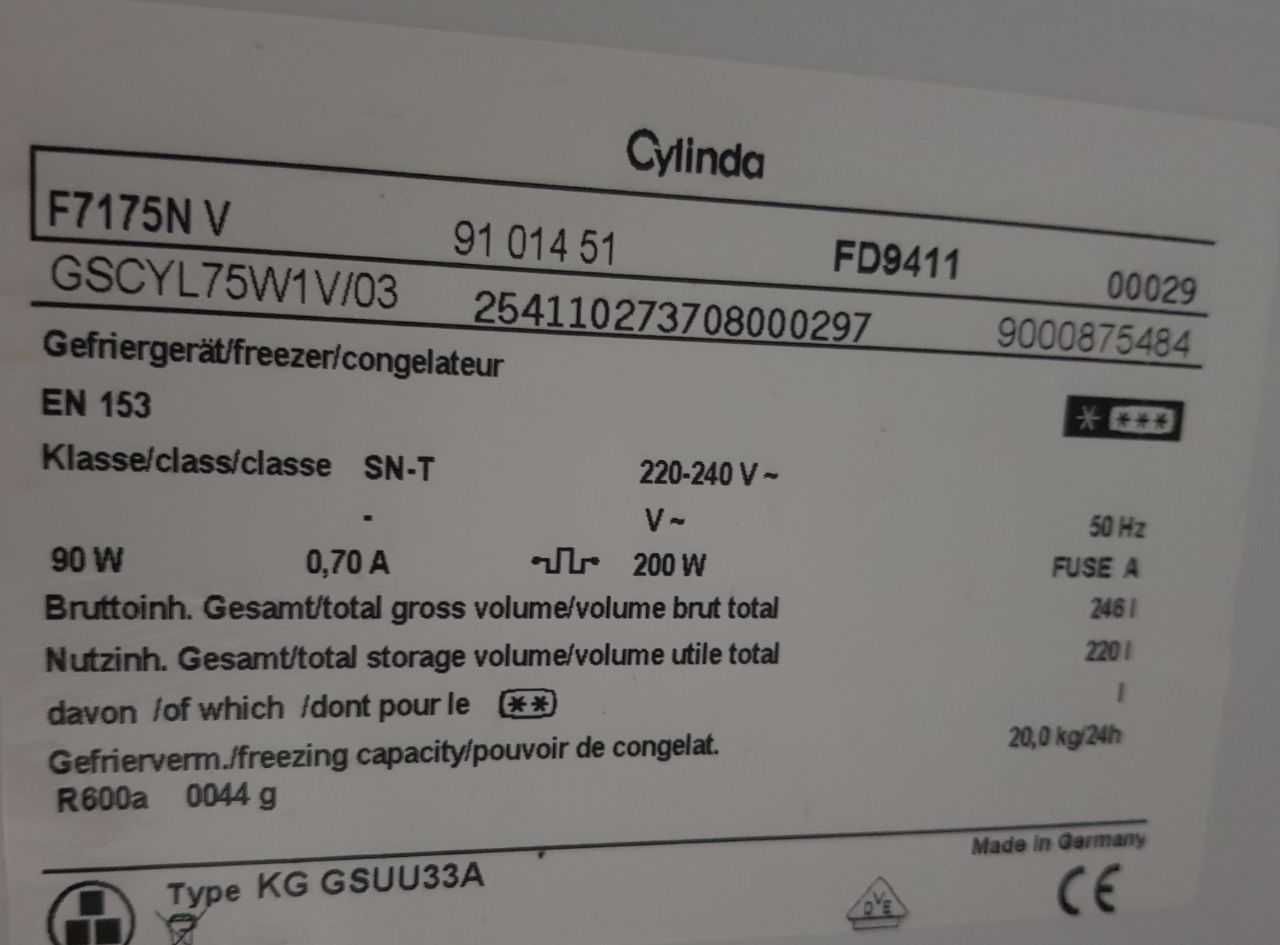 Морозилка Cylinda F 7175N V A++ 225 л з Європи