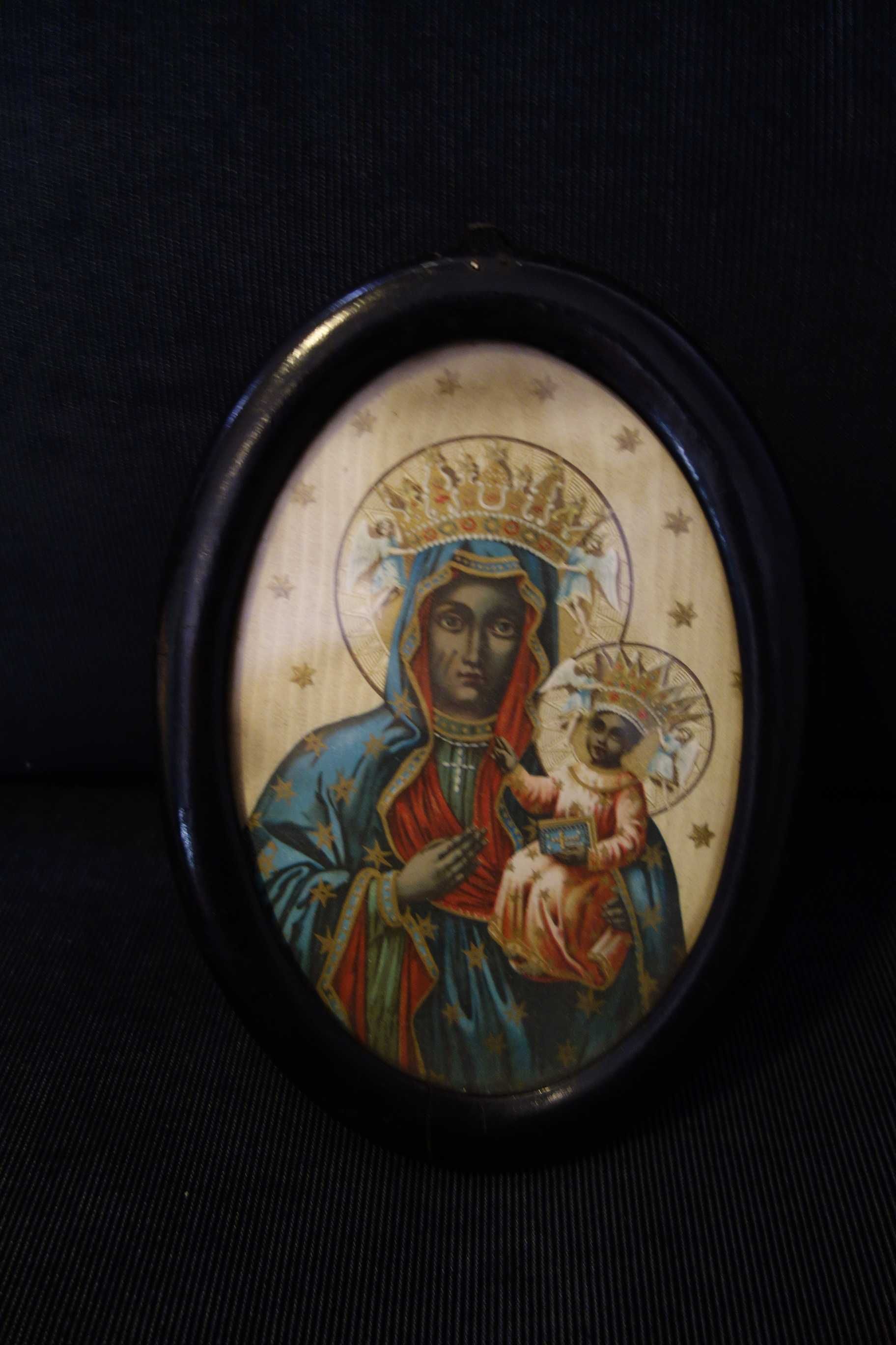 stary przedwojenny obrazek Matka Boska z Dzieciątkiem ramka drewno