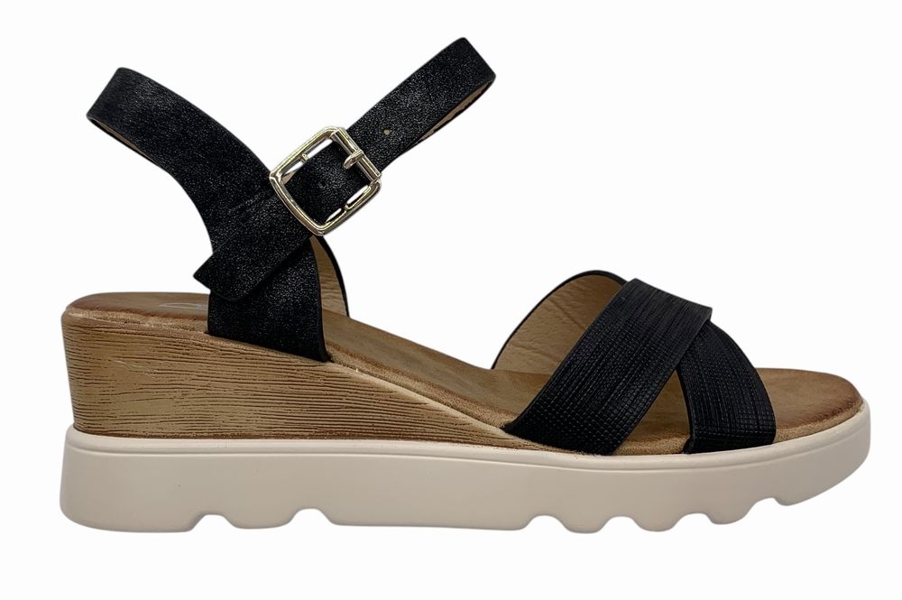 Buty damskie lekkie sandały na koturnie brązowo czarne z klamrą 40