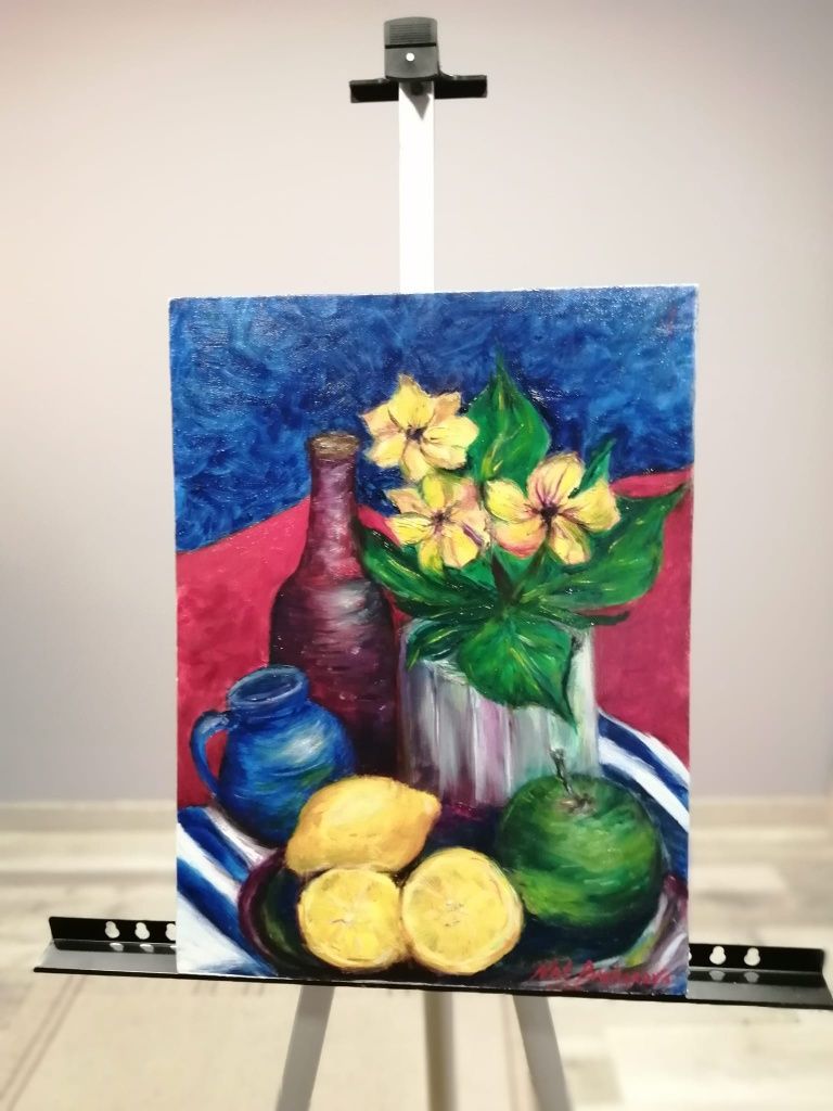 Pintura a óleo sobre tela, composição com frutas e flores