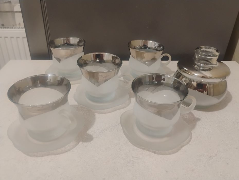 Zestaw kawowy PRL szkło matowe posrebrzane