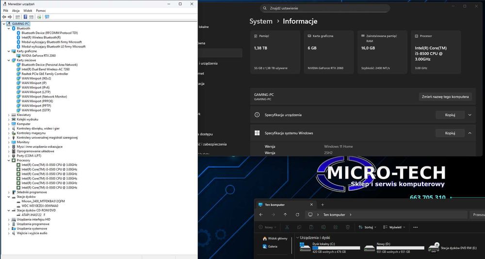 Komputer Gamingowy i5-8500, RTX 2060 6 GB, 16 GB, 512 GB + 1 TB