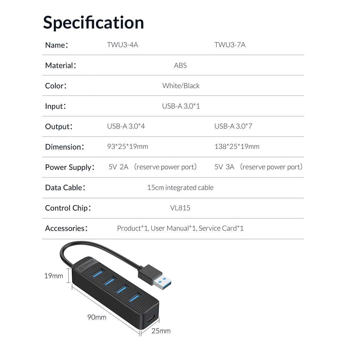 ORICO Hub USB 3.0 + 3*USB 2.0 5Gbps kabel 15 cm