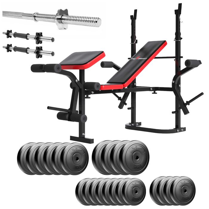 Zestaw kulturystyczny 123kg ławka stojaki gryf prosty 180cm obciążenia