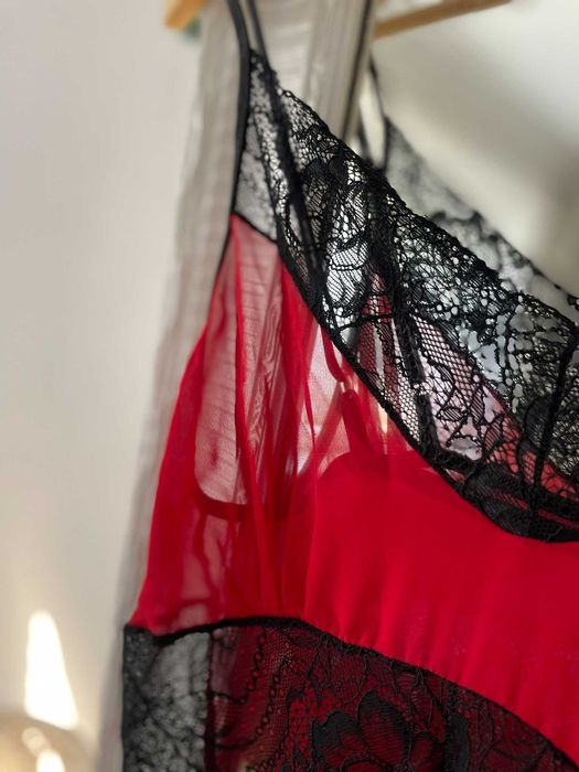 Koszulka nocna czerwona czarna koronka halka zmysłowa krótka S 36