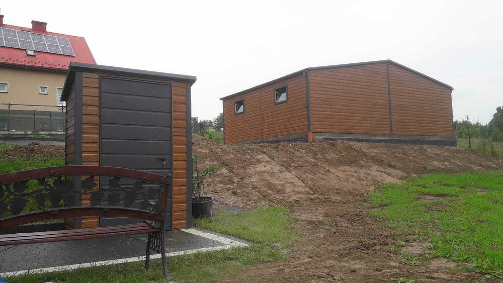 Garaż blaszany dwustanowiskowy drewnopodobny 8x6m (automat, filc)