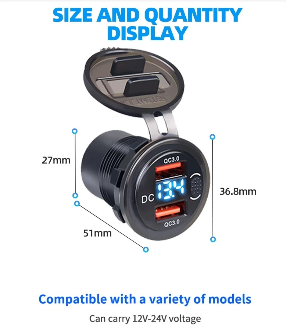 Гніздо врізне автомобільне зарядне QC3.0 з вольтметром та вимикачем