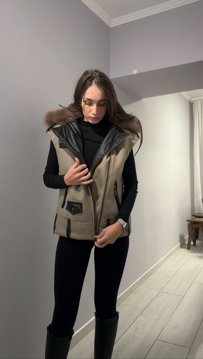 Зимова куртка трансформер косуха авіатор кашемір шкіра з хутром песця