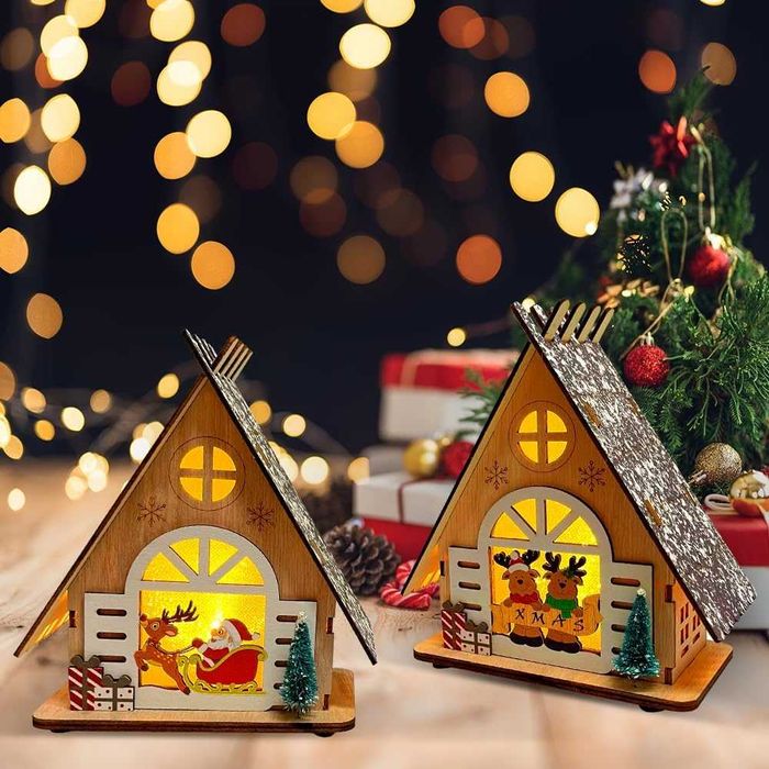 Drewniane Domki Chatki Świąteczne LED Zestaw 2 szt. na Boże Narodzenie