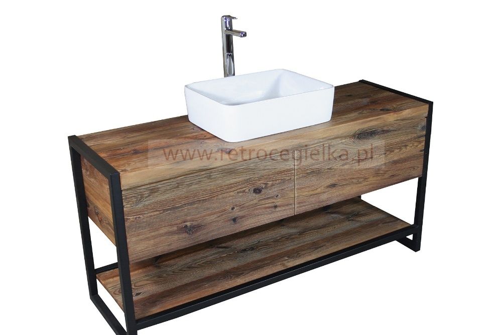 Szafka łazienkowa, stare drewno sosnowe, dwie szuflady, stalowa rama
