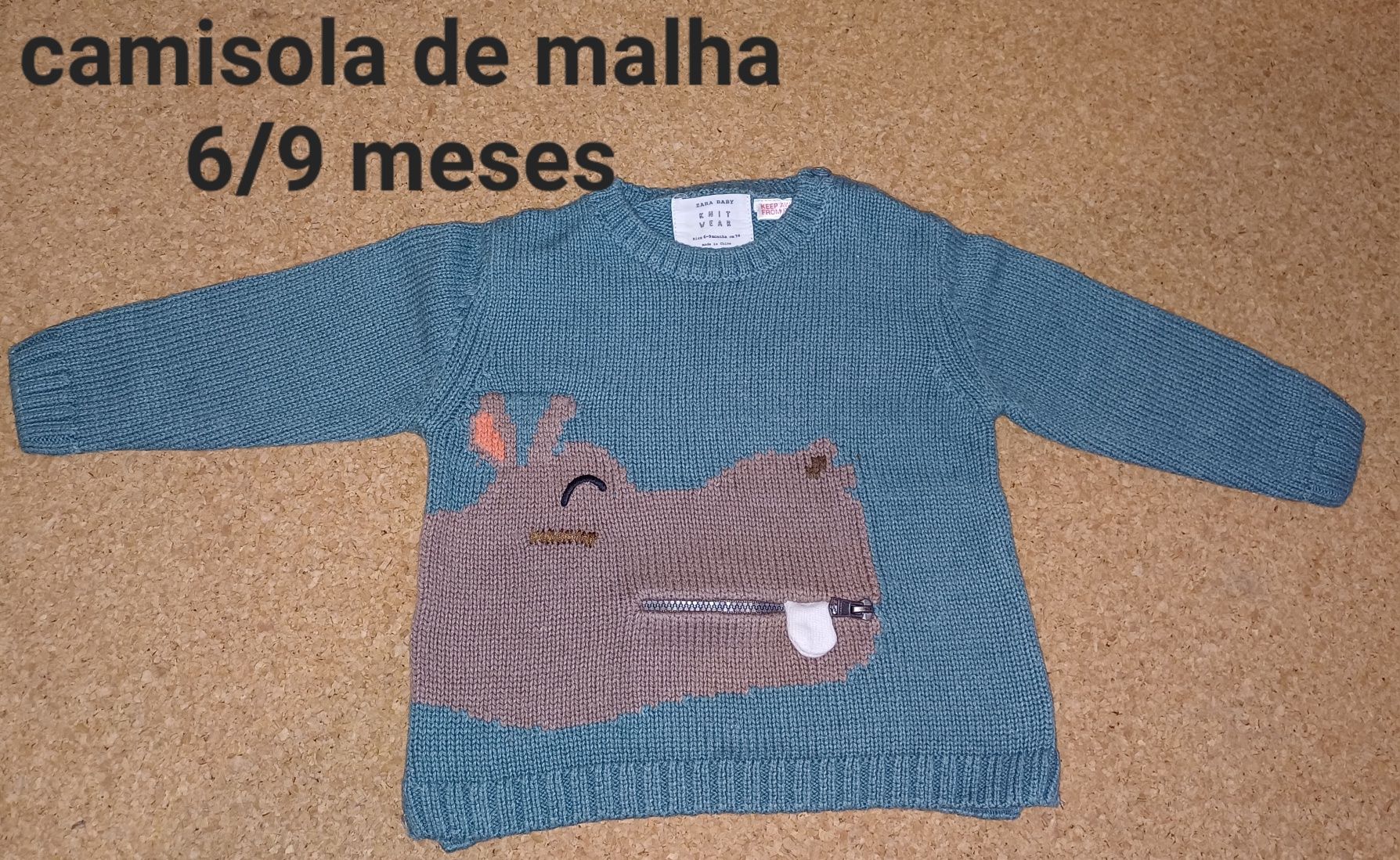 Camisola de malha, tamanho 6/9 meses,
Hipopótamo.