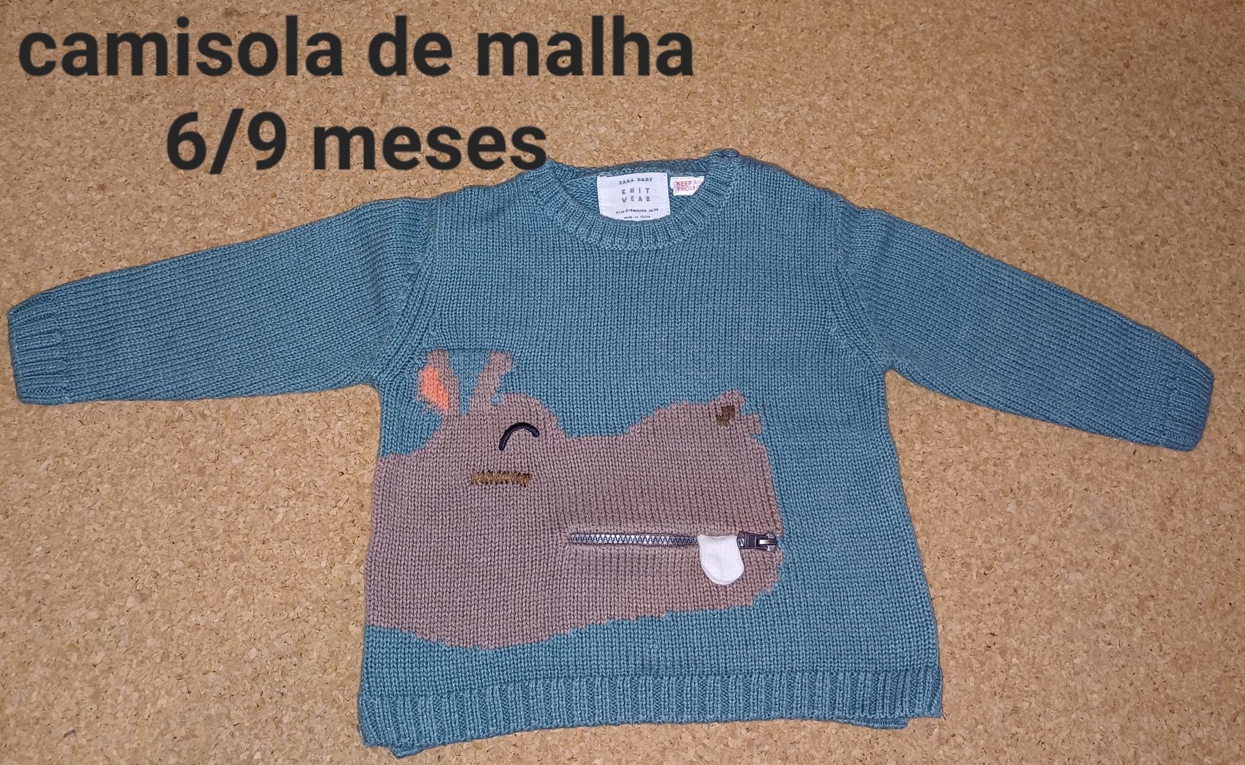 Camisola de malha, tamanho 6/9 meses,
Hipopótamo.