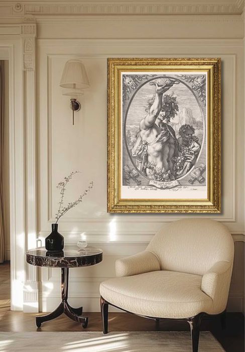 XVIII wieczny miedzioryt z Bachusem, wymiar 69cm x 99cm.