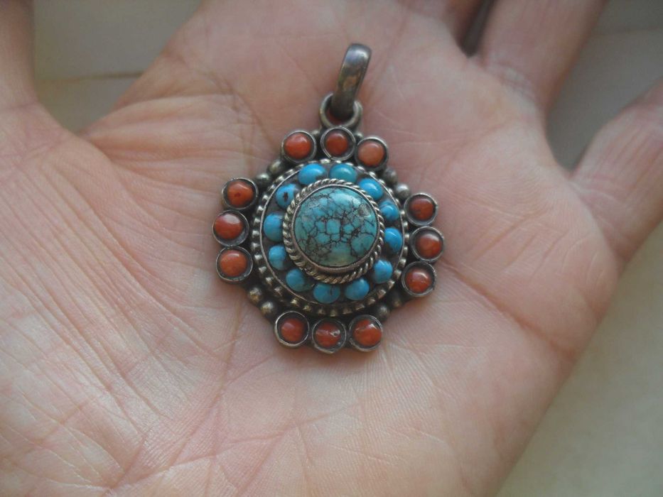 Turkusy i korale - stary srebrny wisior - cena ost