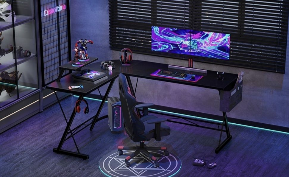 Mesa de gaming de canto preta secretária - 127 x 167 cm