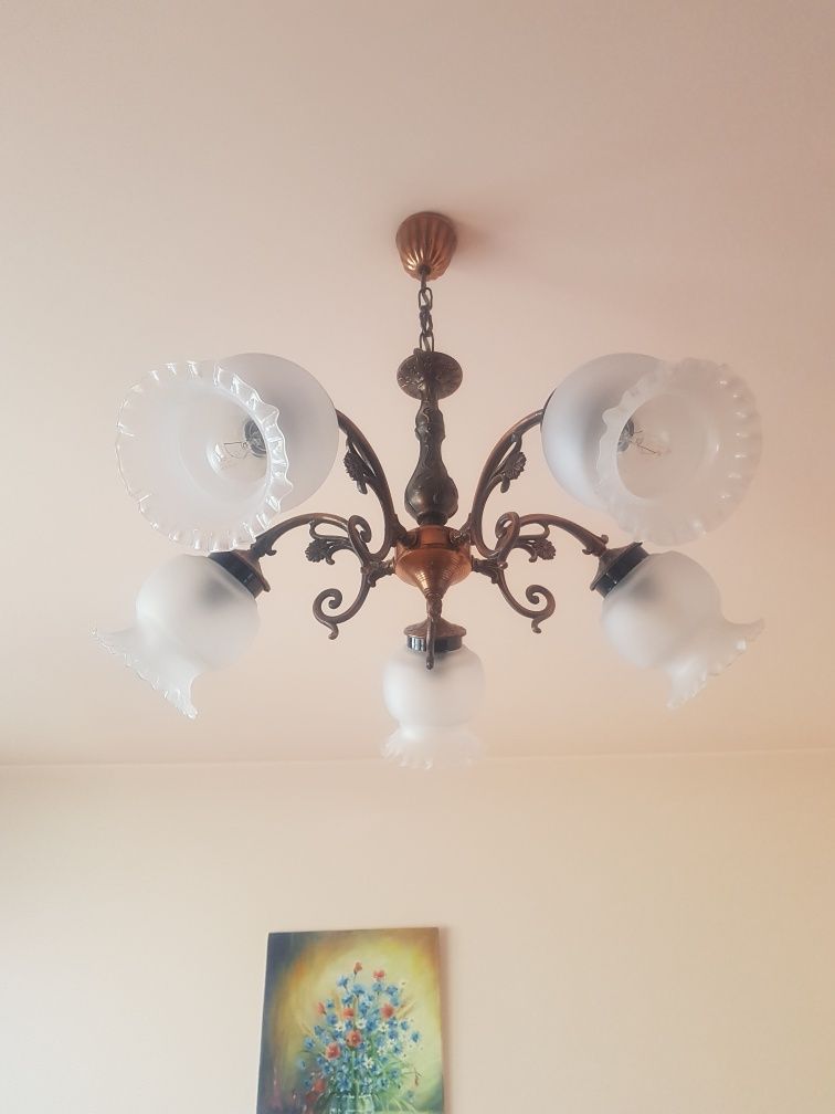 Żyrandol miedziany duży lampa metal różowy miedziany brązowy klosz szk