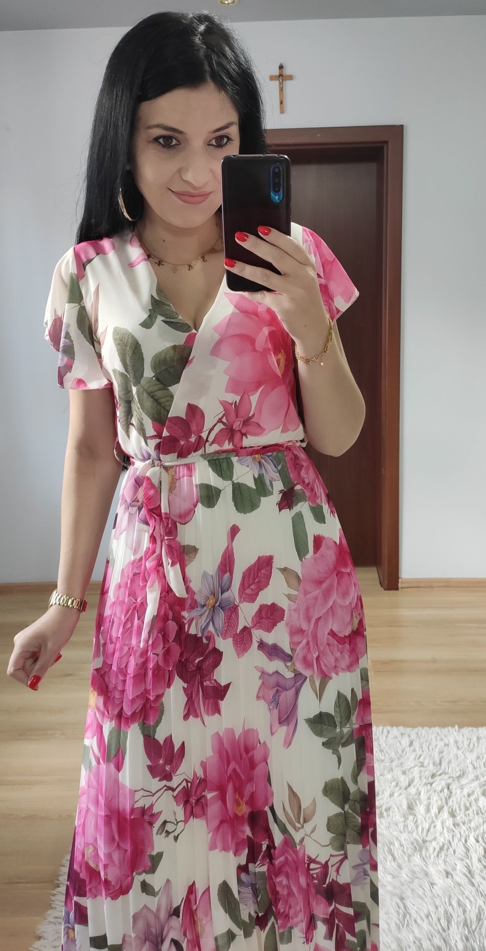 Sukienka długa maxi w kwiaty plisowany dół wesele impreza chrzciny