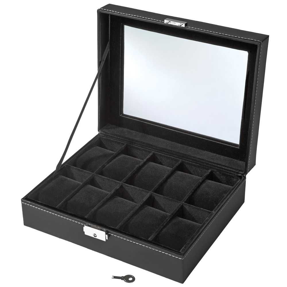 Pudełko szkatułka etui na 10 zegarków z kluczykiem czarny OUTLET