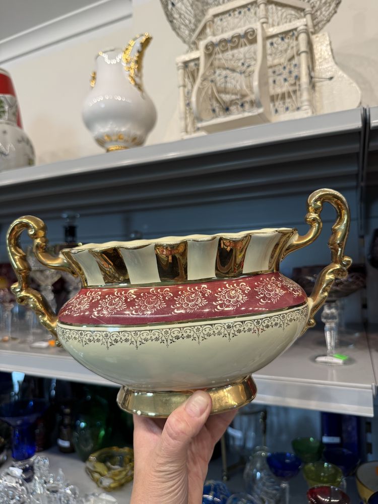 Stara Włoska waza doniczka ceramiczna dekoracja złota bordo 1502