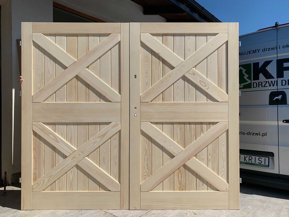 Drzwi garażowe drewniane dwuskrzydłowe NA WYMIAR Montaż Cała Polska