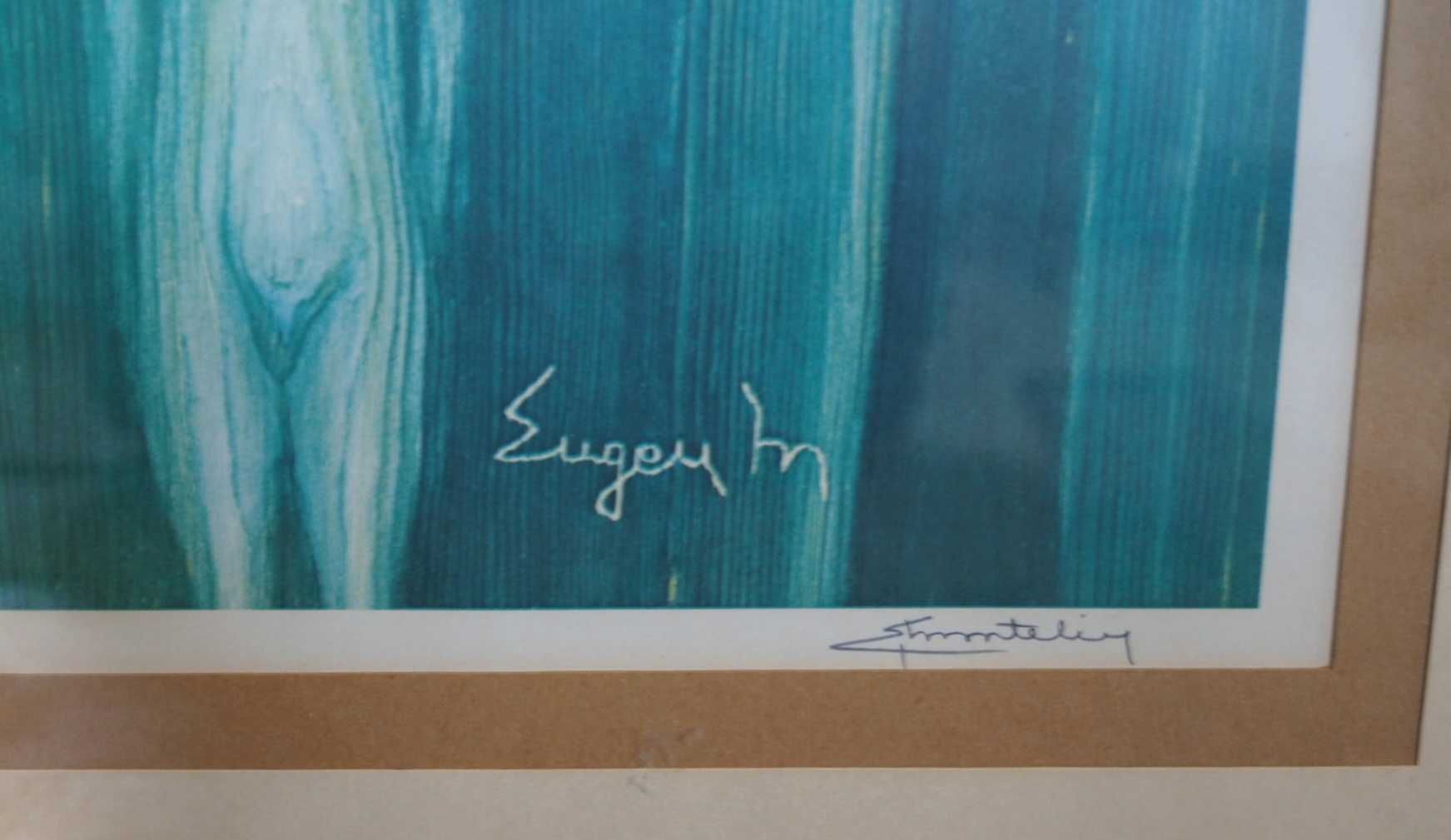 Sygnowana, unikatowa litografia za szkłem od Eugen Montelin. Lata 70.