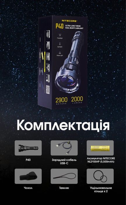 Лазерний ліхтар Nitecore P40 з акумулятором, ширококутний прожектор