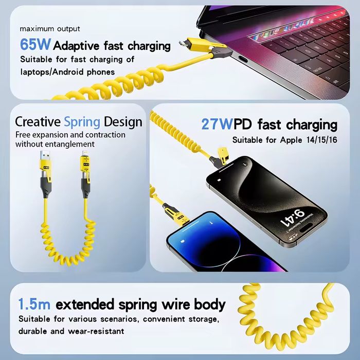 Кабель 4в1 (Type-C + iOS + MicroUSB) | Швидка зарядка 65W