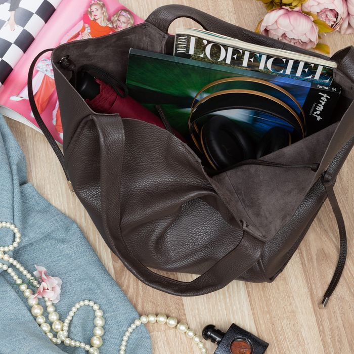 VERA PELLE torebka damska skórzana shopper z saszetką V497 c.brązowa