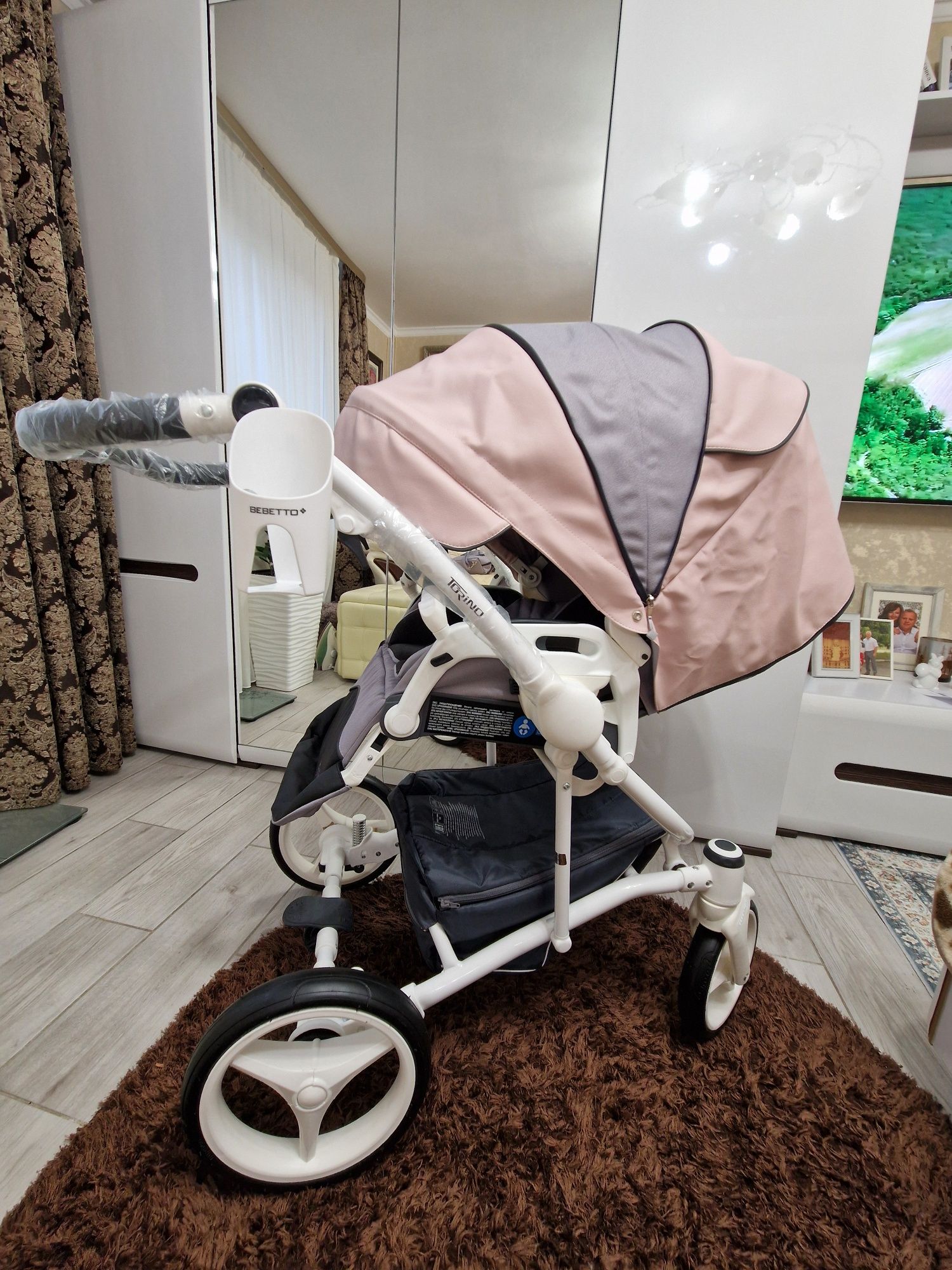 Дитяча коляска Bebetto torino 2 в 1, невживана, сіро рожева, біла рама