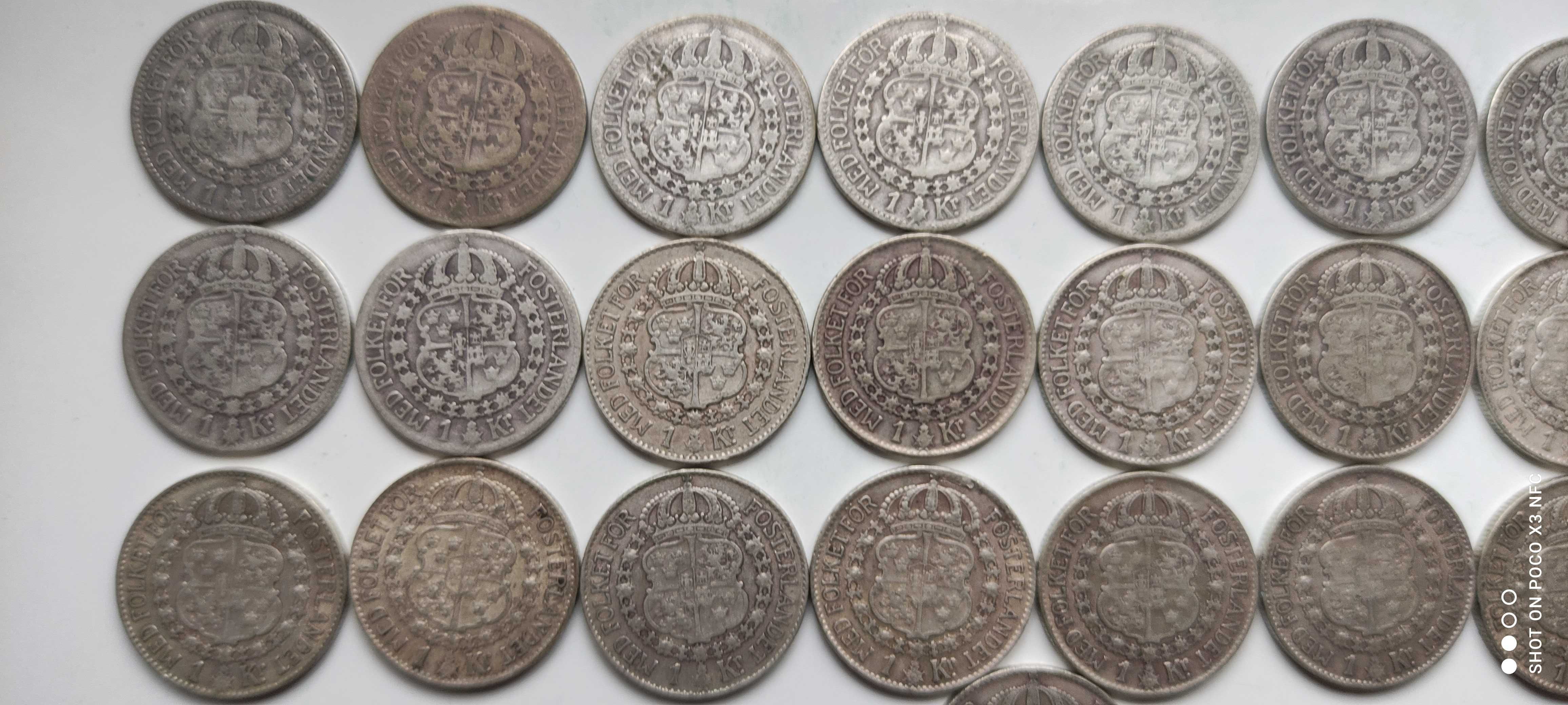 Monety srebrne zestaw 25 sztuk Szwecja 1 korona srebro Ag