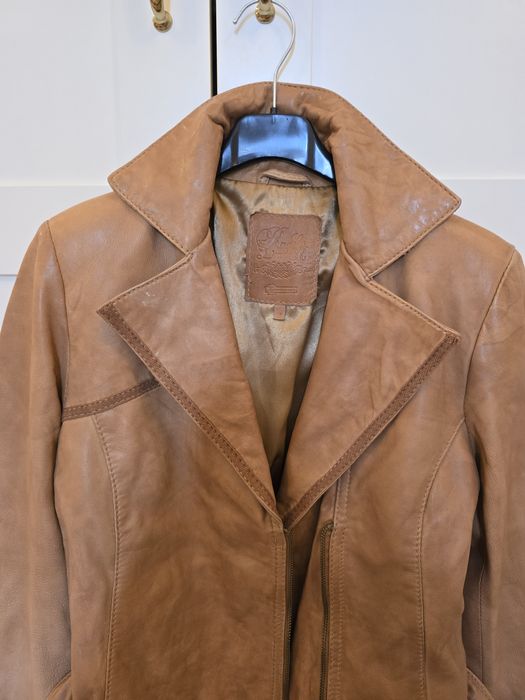 Kurtka ramoneska S Stradivarius camel skóra 100%