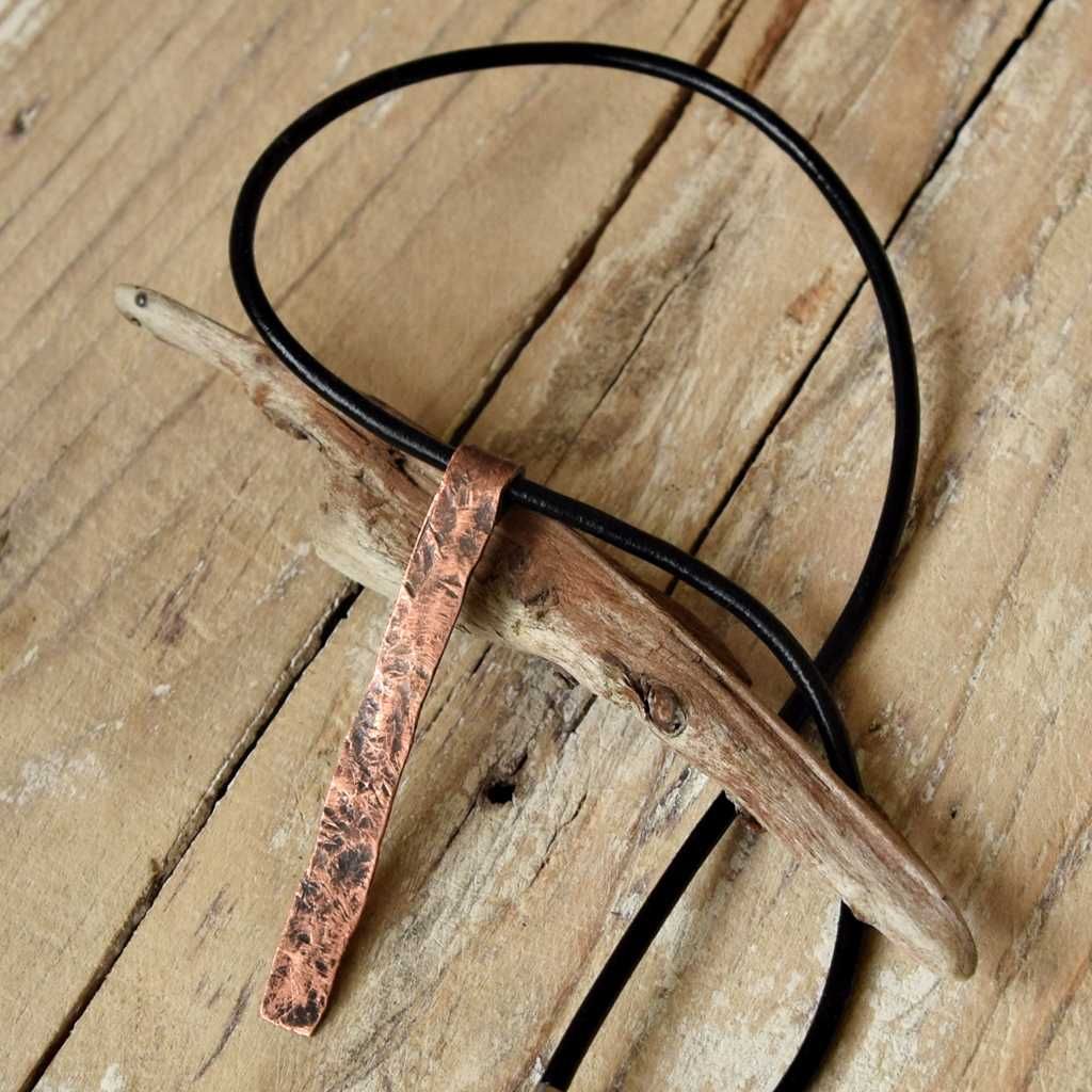 Naszyjnik z oksydowanej miedzi i rzemienia /2/ handmade rękodzieło