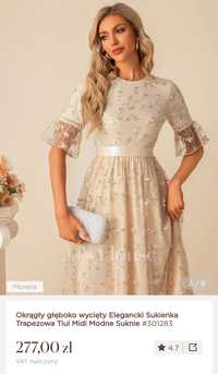 Piękna morelowa haftowana tiulowa niespotykana sukienka M