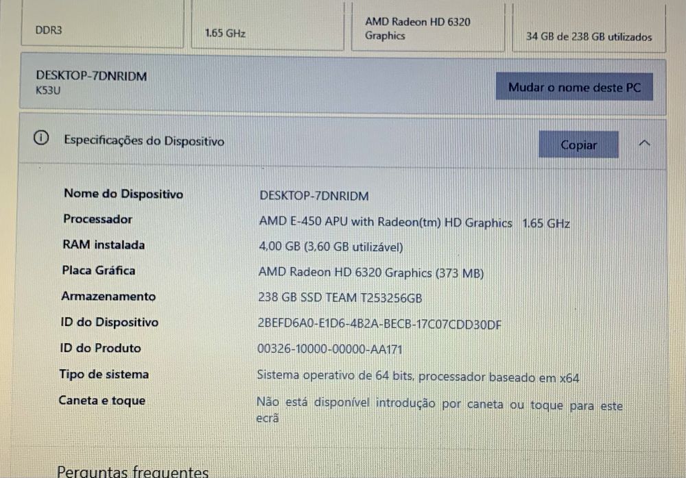 Portátil ASUS K53U com SSD novo