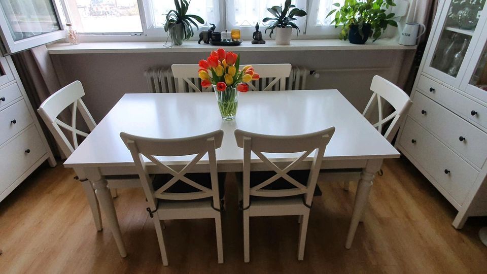 Piękny stół biały rozkładany ikea ingatorp i 6 krzeseł stan j. Nowy