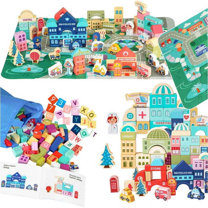 drewniane klocki edukacyjne mata miasteczko 121 el w tubie + worek