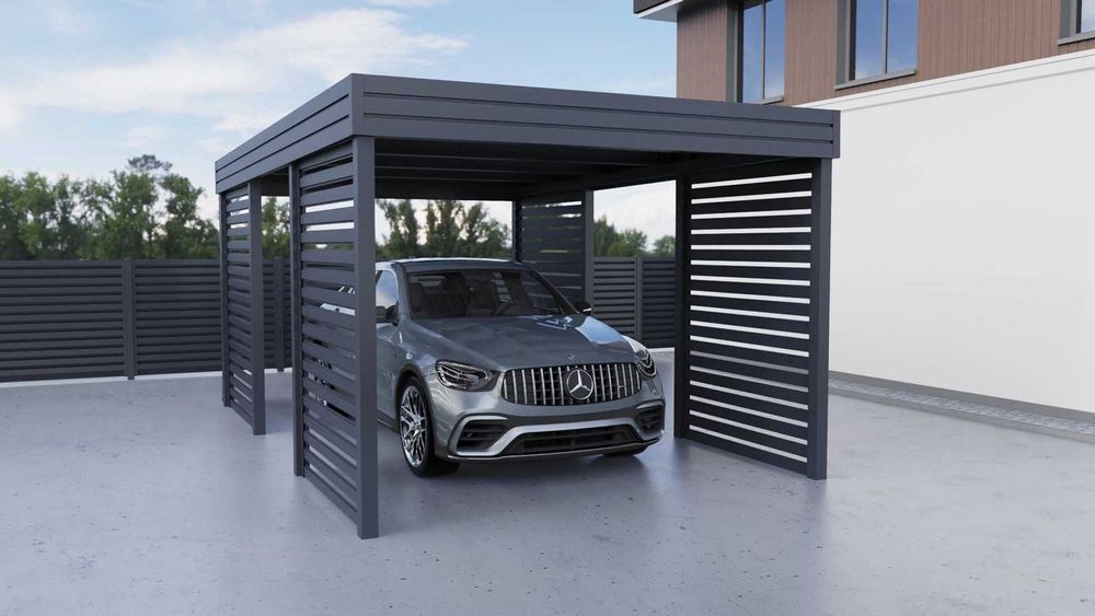 Wiata garażowa na jedno auto 3x6m – 4x ścianka palisada