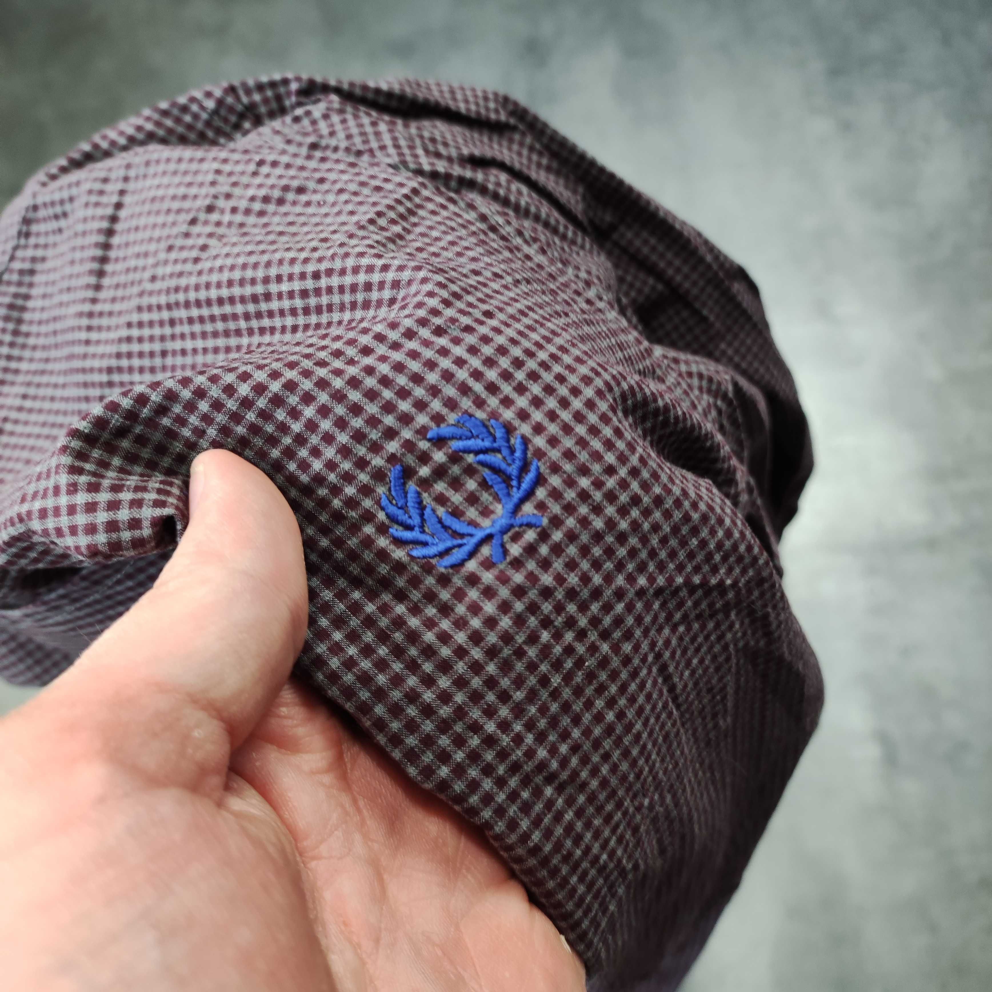 MĘSKA Elegancka Koszula Kratka Bordowa PREMIUM Fred Perry Klasyk Haft