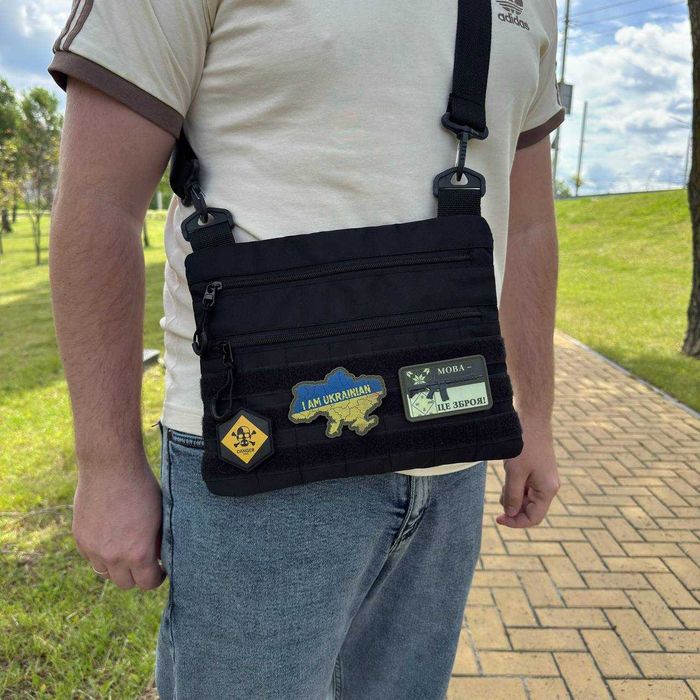 Тактическая сумка через плечо мужская черная для шевронов мессенджер