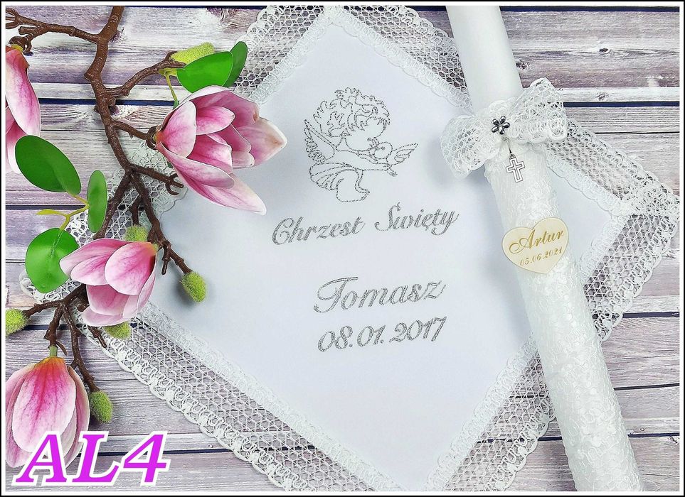 Szatka i świeca do chrztu haft grawer chrzest serduszko Sodalit AL
