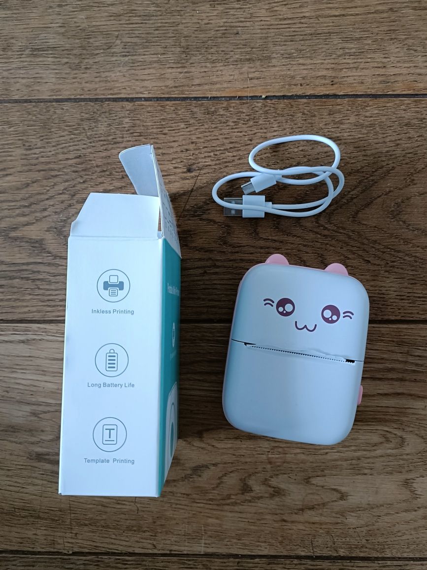 Drukotek drukarka mini termiczna do zdjęć etykiet + kabel USB kot róż