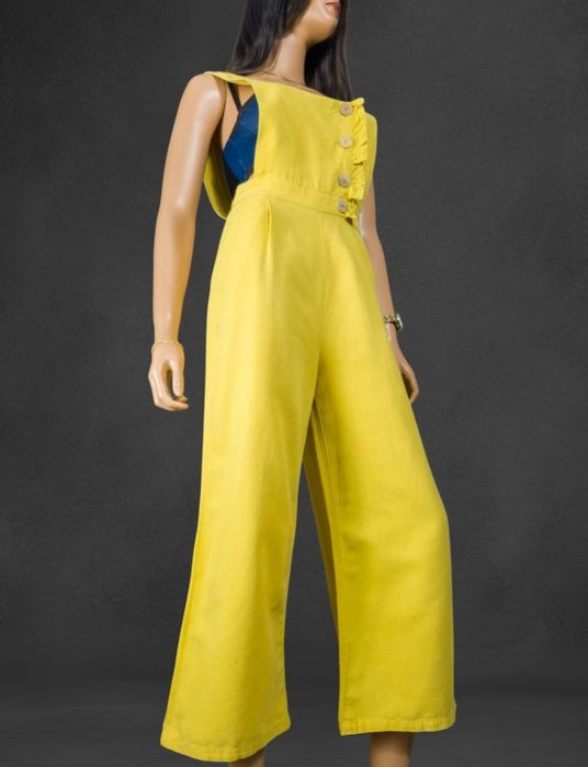 Lniany casualowy kombinezon wide leg cytrynowy  53% len zara xs/s