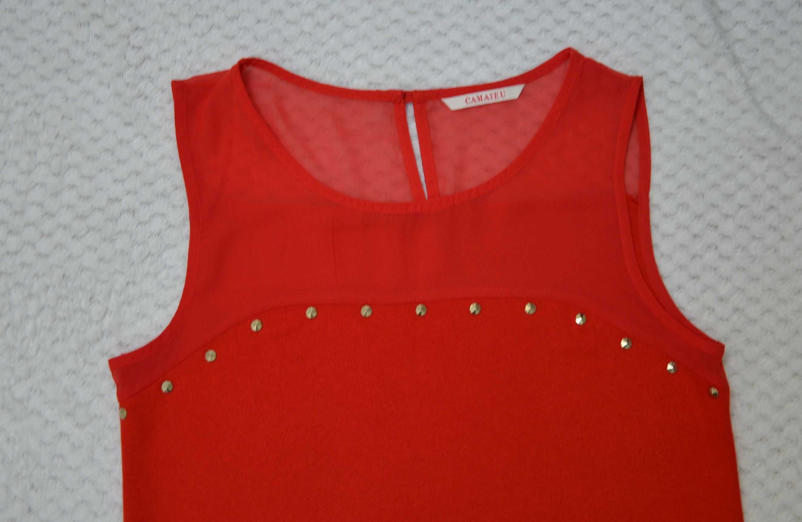 Camaïeu - mocno czerwona sukienka letnia, szyfonowe wstawki