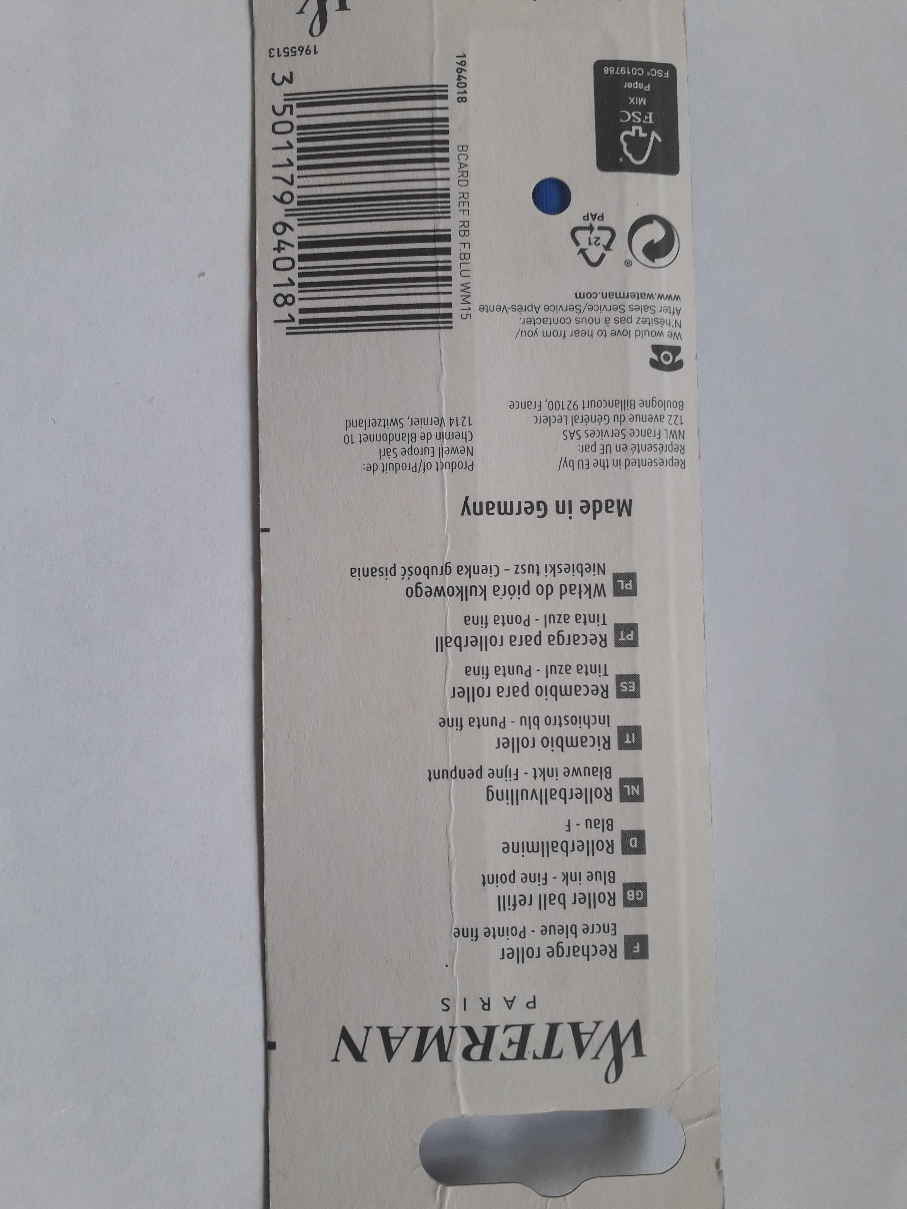 Wkład Do Pióra Kulkowego Waterman Niebieski "F"